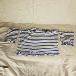ASOS Off Shoulder Crop Top Womens 10 Blue White Excellent Striped Lettuce Edge